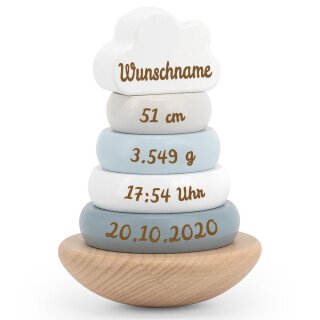 Stapelturm personalisiert aus Holz * Holzturm mit Name graviert * als Geburtsgeschenk * hellblau