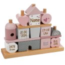 Steckspiel H&auml;uschen aus Holz mit Namen und Geburtsdaten graviert rosa