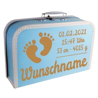 Baby Erinnerungsbox Koffer mit Namen und Geburtsdatum graviert Modell F&uuml;&szlig;e hellblau 35cm