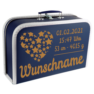 Baby Erinnerungsbox Koffer mit Namen und Geburtsdatum graviert Modell Herz Sterne dunkelblau 25cm