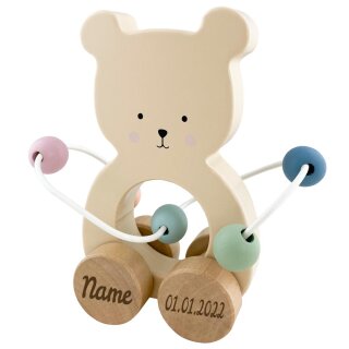Spielzeug Teddy mit Abakus aus Holz mit Namen und Geburtsdatum graviert