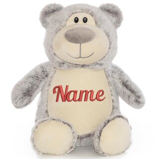 Stofftier Kuscheltier personalisiert Teddyb&auml;r grau bestickt Motiv Name Rot