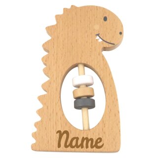 Rassel Spielzeug Dino aus Holz mit Namen personalisiert graviert