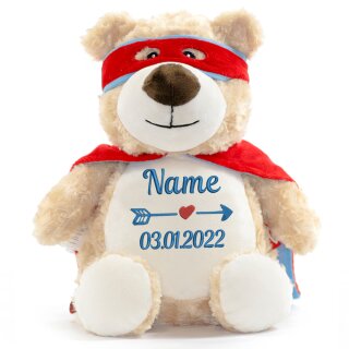 Stofftier Kuscheltier personalisiert Heldenb&auml;r Teddyb&auml;r bestickt Motiv Name und Datum Blau