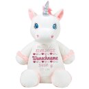 Stofftier Kuscheltier personalisiert Einhorn wei&szlig; bestickt Motiv Geburtsdaten Pink