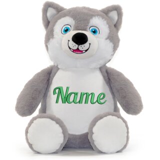 Stofftier Kuscheltier personalisiert Husky grau bestickt Motiv Name Gr&uuml;n