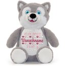 Stofftier Kuscheltier personalisiert Husky grau bestickt Motiv Geburtsdaten Pink