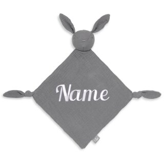 Schnuffeltuch personalisiert mit Namen bestickt Hase Grau