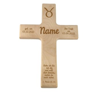 Taufkreuz Kreuz zur Taufe mit Namen graviert und personalisiert Sternzeichen Stier