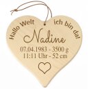 Geburtsschild mit Name graviert Geburtstafel aus Holz in Herzform personalisiert Hallo Welt