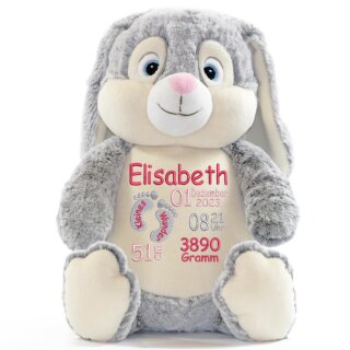 Stofftier mit Name bestickt Kuscheltier Hase personalisiert verschiedene Stickmotive Hase grau F&uuml;&szlig;chen Pink